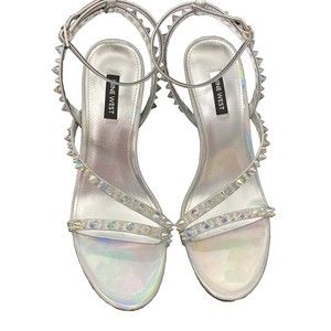 Nine West High Stiletto Heels Open Toe Strappy Studded Clear Iridescent Mitz3 9